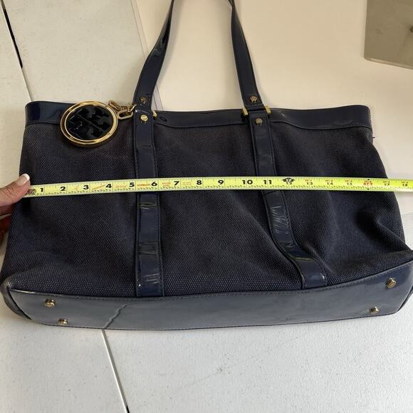 Tory Burch Canvas Jane Tote Shoulder Bag Beach Navy Blue Double Straps Travel - Picture 13 of 15